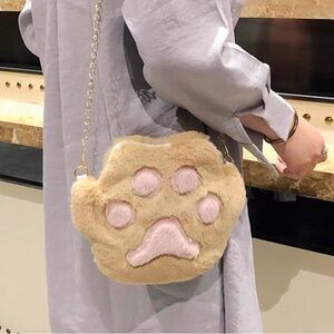 Brown and Pink cute cat Paw fuzzy Plush Bag crossbody purse with gold chain